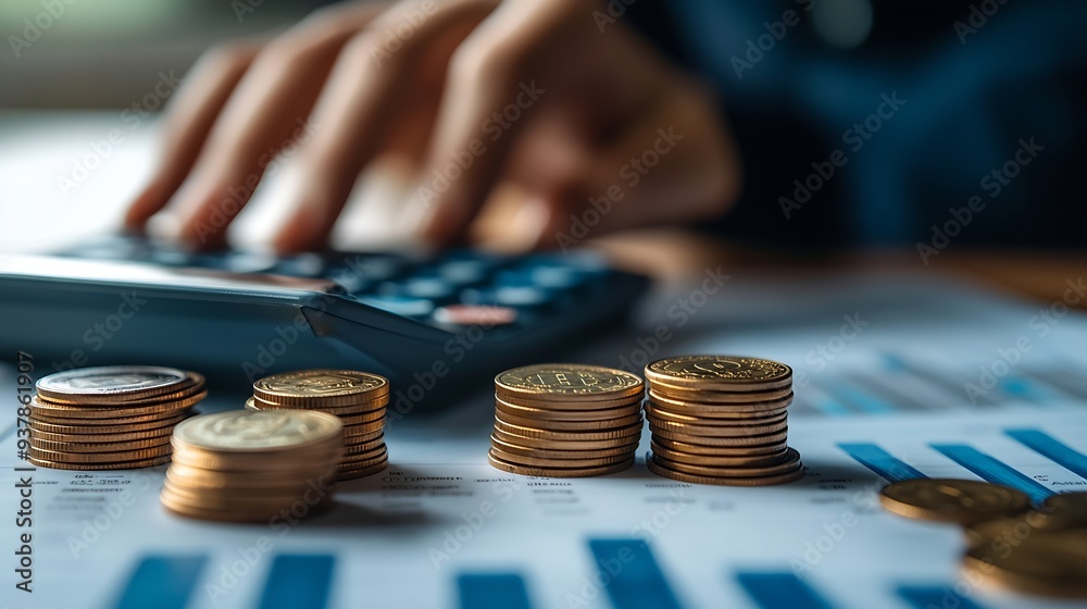Aufkleber business finance and investment currency exchange concept accountant using calculator with coins and