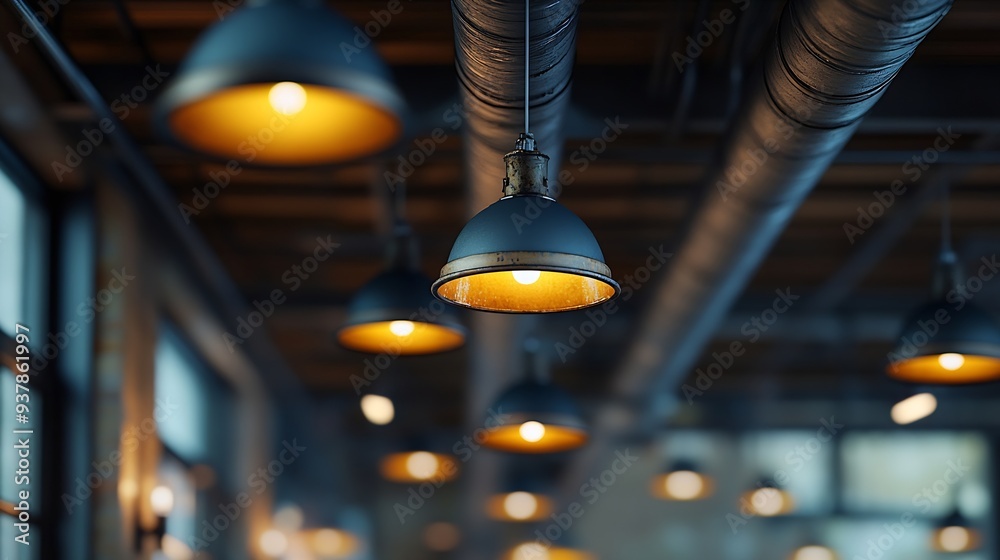 Poster Ceiling with pipes and lights in creates industrial a pattern : Generative AI