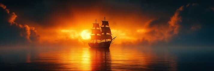 Obraz premium A silhouetted sailboat floats on a calm sea during a golden sunset, evoking a sense of adventure, tranquility, and timeless travel.