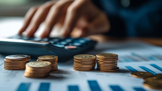 Business finance and investment currency exchange concept Accountant using calculator with coins and financial report economic graph growth finance background : Generative AI - Powered by Adobe
