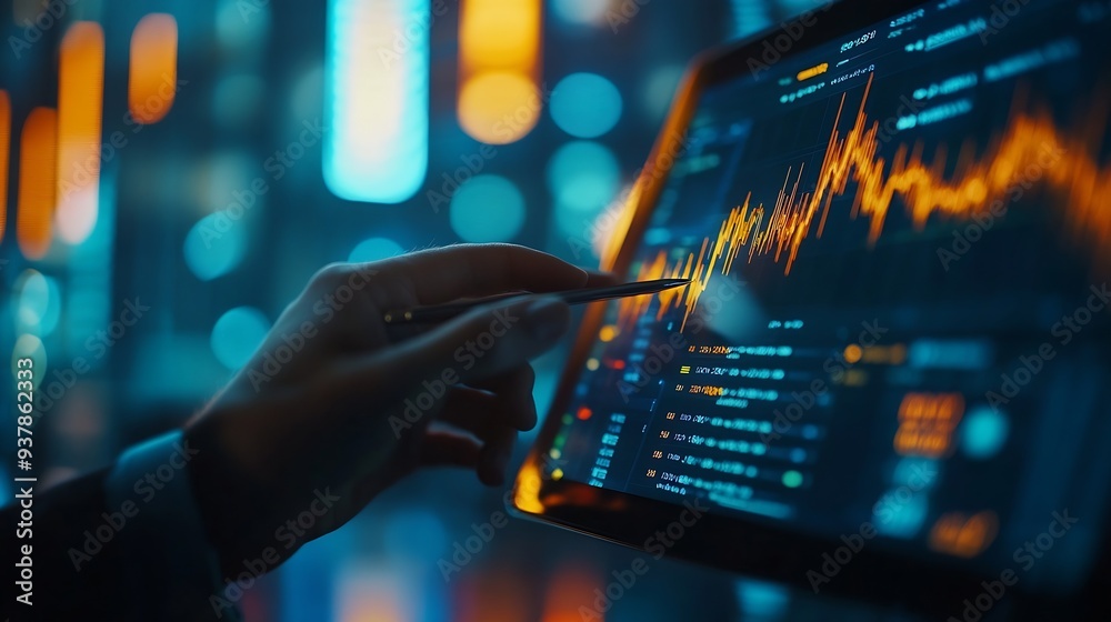 Aufkleber business finance and investment data analysis businessman using tablet analyzing financial graph gro