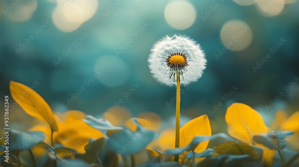 Aufkleber White dandelion in a summer forest Macro image shallow depth of field Abstract summer nature background : Generative AI