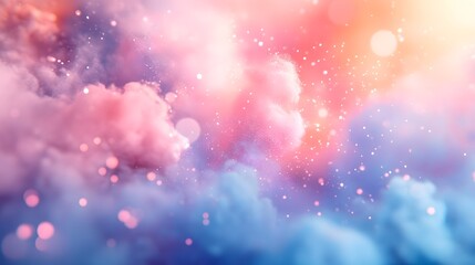 Naklejka premium Ethereal explosion of warm pastel colors, soft focus, dreamy atmosphere, powder paint burst, pink and peach tones, gentle blue accents, abstract art, delicate particles floating.