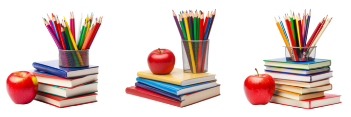 Set  of box of pencils and stack of books with red apple 