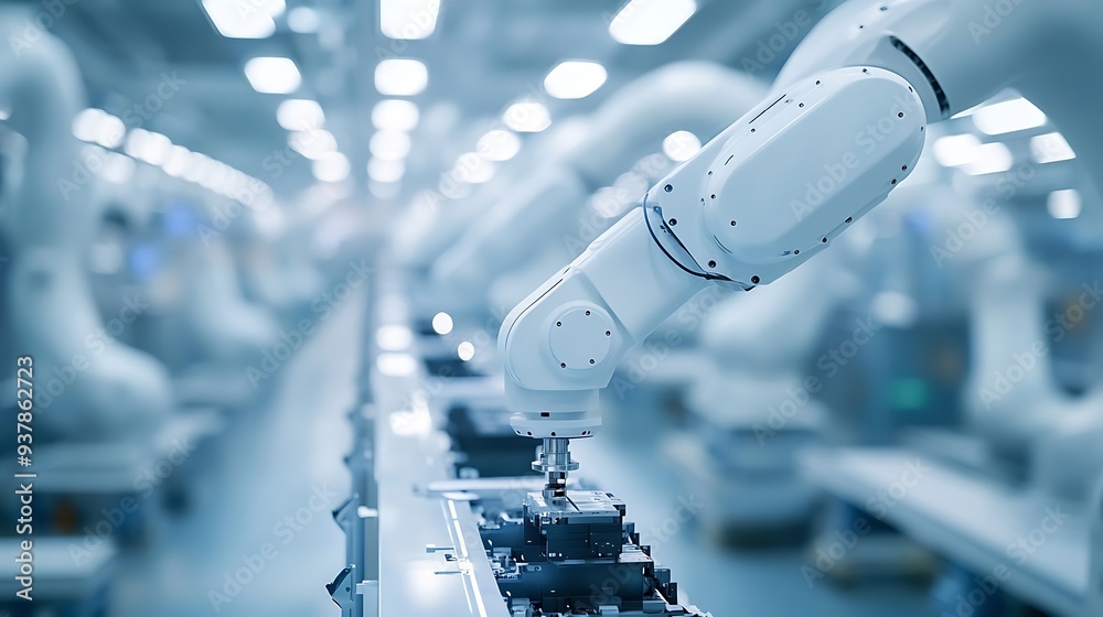Aufkleber row of white robotic arms at automated production line at factory electric car manufacturing line in