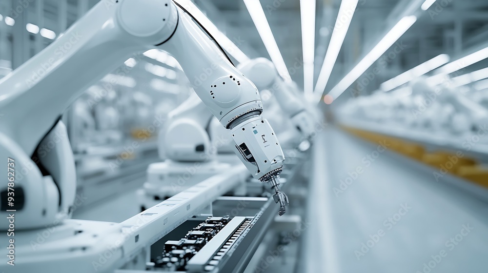 Aufkleber row of white robotic arms at automated production line at bright modern factory industrial robot arm