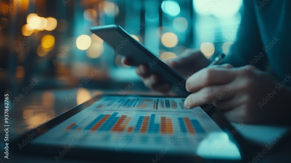 Aufkleber Business finance and investment concept Businessman using digital tablet analyzing and calculating financial data with economic graph growth chart Business strategy and planning market : Generative AI