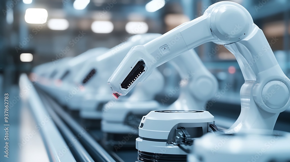Aufkleber row of white robotic arms at modern factory lithiumion ev battery pack production at automated assem