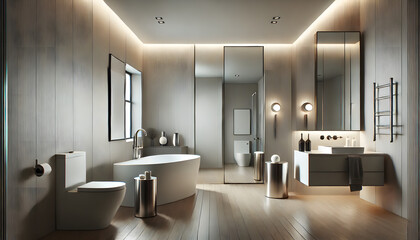Luxurious Modern Bathroom with Freestanding Tub and Sleek Vanity
