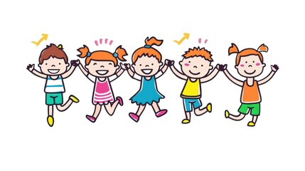 Naklejka premium Joyful kids leap in delight, showcasing bright colors and playful designs in a whimsical, handdrawn style.