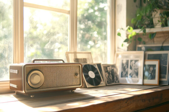 Nostalgic Image of Vintage Radio on Wooden Table with Sunlight Streaming in Retro-Style Living Room Creating Warm and Inviting Atmosphere