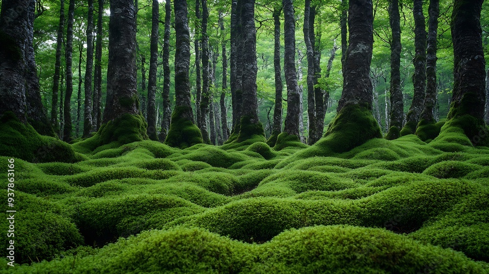 Aufkleber close up lush green moss envelops the trees in the mystical woods of torla in ordesa national park s