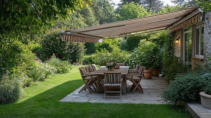 A stylish outdoor dining space featuring a large table comfortable chairs and a retractable striped awning providing a perfect setting for alfresco meals in a lush garden : Generative AI
