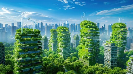 Obraz premium Eco-Friendly Cityscape with Green Buildings and Wind Turbines
