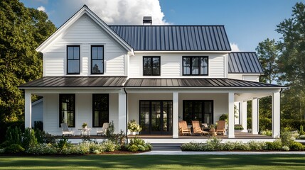 Modern farmhouse exterior, white siding, black trim windows, metal roof, covered porch, rocking chairs, lush green lawn, landscaped garden, vibrant blue sky.