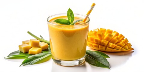 Fototapeta premium Vibrant yellow-orange mango smoothie with creamy texture and green leaf garnish, isolated on a transparent background, perfect for summer refreshment and healthy beverage concepts.