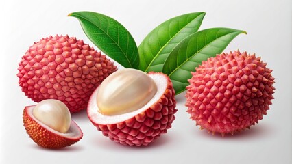 Lychee litchi lichee fruit, many angles and view side top front group peel halved isolated on transparent background cutout, PNG file. Mockup template for artwork graphic design