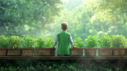 Fototapeta premium Child tending to herb garden in lush green setting