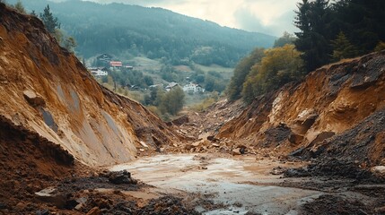 View of a Landscape shot of dangerous landslide occurred due to heavy rainfall landslide natural disasters in hilly areas Massive landslide : Generative AI