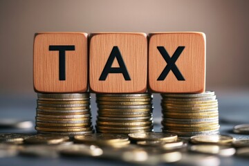 A representation of the concept of tax, featuring stacks of coins and wooden blocks spelling out 'TAX', emphasizing financial responsibility and economic matters.