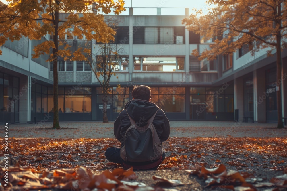 Poster a person sits on the ground in front of a building, with no further context provided