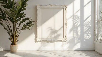 Ornate white vintage frame on pure white wall, soft shadow cast by unseen window, delicate plant silhouette, minimalist aesthetic, clean composition.