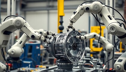Fototapeta premium Collaborative Robotic Systems in High-Tech Manufacturing for Efficient Assembly of Complex Aerospace Components, Generated by AI