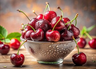 Fresh cherries overflow from a elegant glass bowl, glistening with dew, against a soft, neutral background, showcasing their vibrant red color and plump texture.