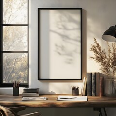 A cozy workspace featuring a blank picture frame on a wooden desk surrounded by books and natural light filtering through a window, creating an inviting atmosphere for creativity and productivity. 