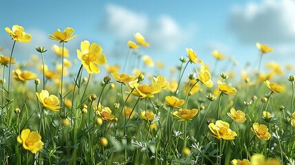 A vibrant field of yellow flowers swaying under a bright blue sky, creating a serene and cheerful landscape.