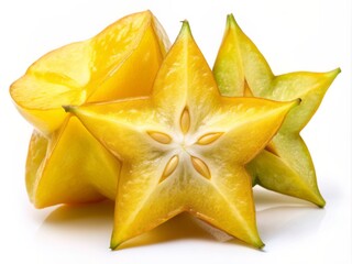 Fototapeta premium Vibrant yellow starfruit slice with distinctive star-shaped cross-section, glistening with dew, isolated on white background, showcasing its unique texture and juicy pulp.