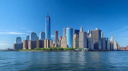 Obraz premium Lower Manhattan Skyline view from Outlook Hill on Governors Island New York City : Generative AI