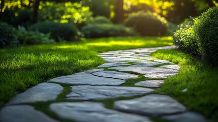 Winding stone path in lush garden, bright sunlight, vibrant green grass, verdant foliage, landscaped park, natural flagstones, serene atmosphere, dappled sunlight.