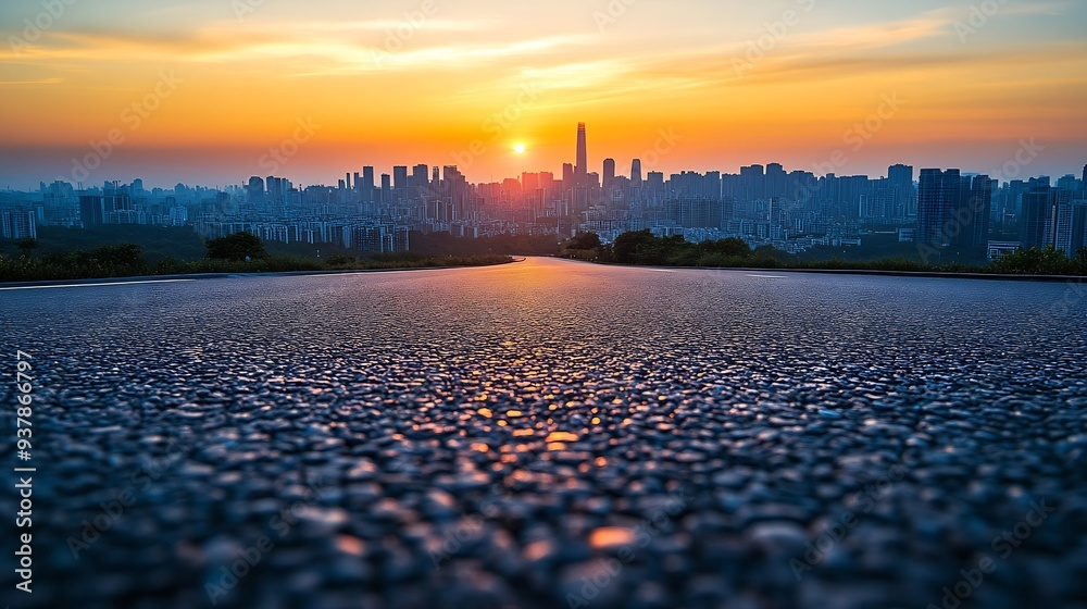 Aufkleber empty asphalt road and modern city skyline with building scenery at sunset high angle view : generat