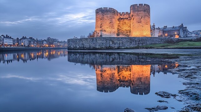 Reflection of King Johns Castle at dusk in Limerick city Ireland : Generative AI