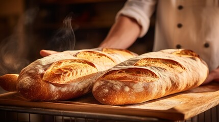 Seller packing bread in french baguette bakery interior. Neural network ai generated art