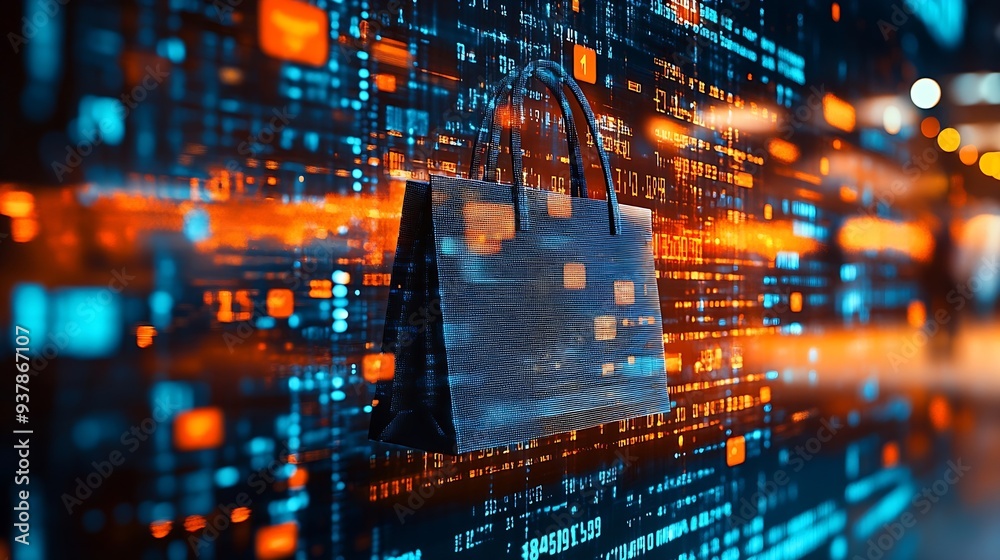 Aufkleber Image of financial data processing over shopping bag Global shopping business finance computing and data processing concept digitally generated image : Generative AI