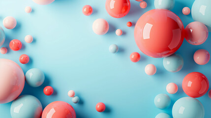 Colorful spheres on a blue background with copy space