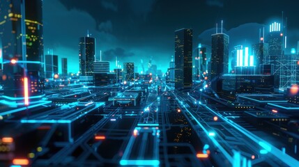 Fototapeta premium Future Infrastructure of Smart City at Night in Neon Blue