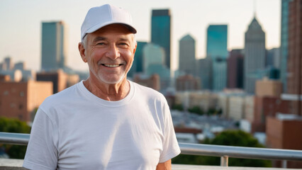 Senior man wearing white t-shirt and white baseball cap standing on cityscape background