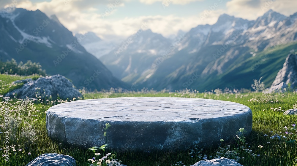 Poster abstract 3d render platform and mockup natural background stone podium on the grass field backdrop m