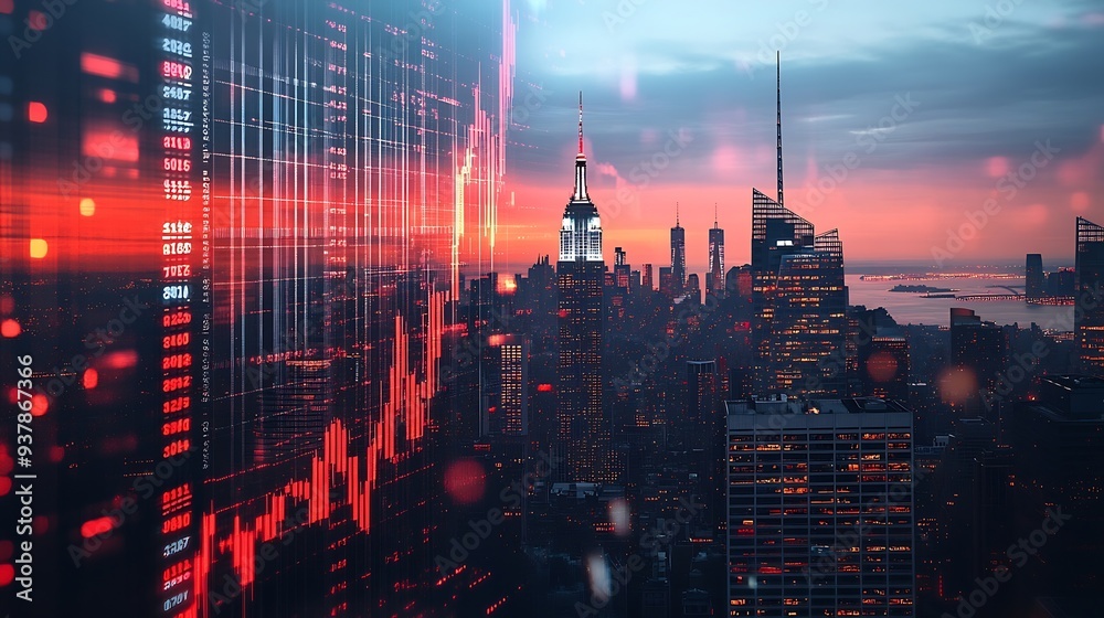 Poster double exposure of new york skyline and stock market charts representing a concept of urban finance 