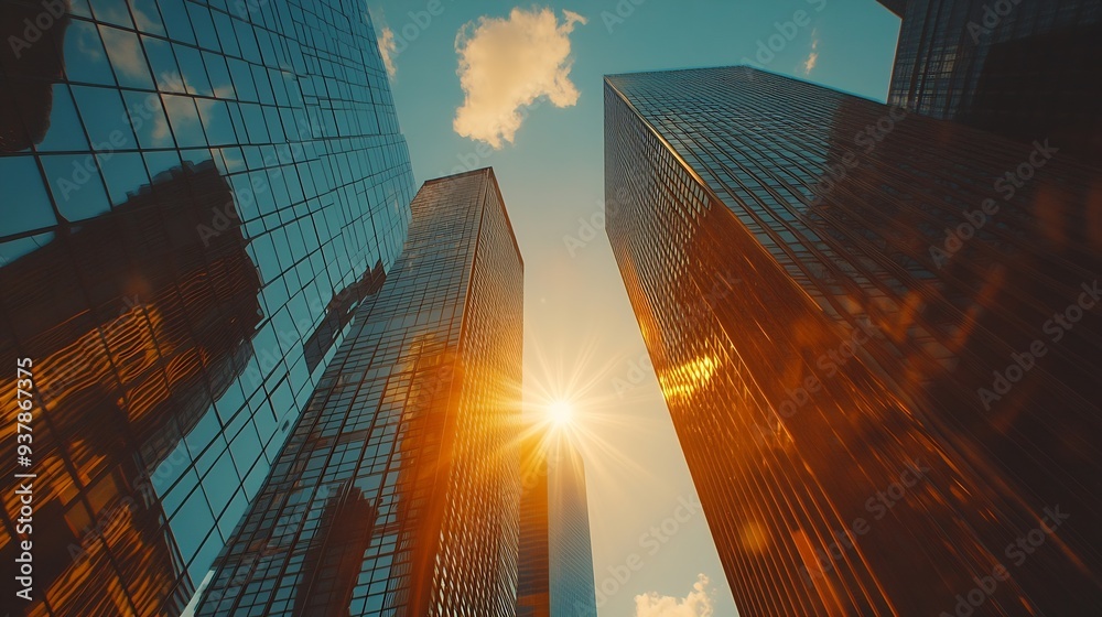 Poster sun reflection between two skyscrapers : generative ai