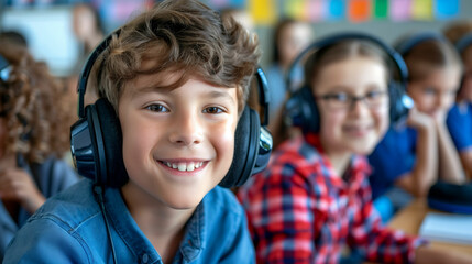 Smiling boy in classroom wearing noise-canceling headphones
