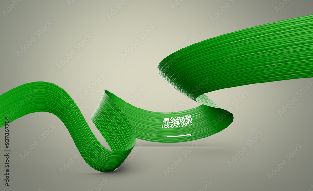 Wall mural flag of saudi arabia shiny waving ribbon flag isolated on pastel green background 3d illustration