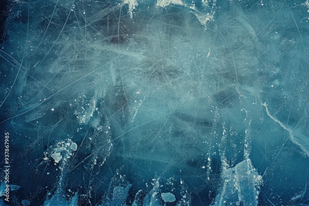 Poster a close-up view of the frozen surface of water with ice crystals and frost
