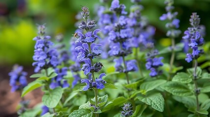 A vibrant cluster of purple flowers in a garden setting, showcasing nature's beauty.