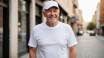 Senior man wearing white t-shirt and white baseball cap standing on the street