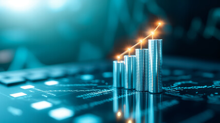 A digital interface displays ascending bar graphs symbolizing growth in financial metrics, illuminated with a cool blue hue that suggests innovation and progress
