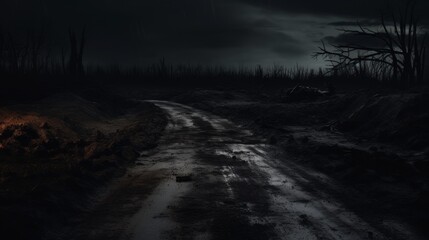 Fototapeta premium Night dirt road in the headlights against the dark gloomy sky. It is terrible and dangerous to go. Neural network ai generated art
